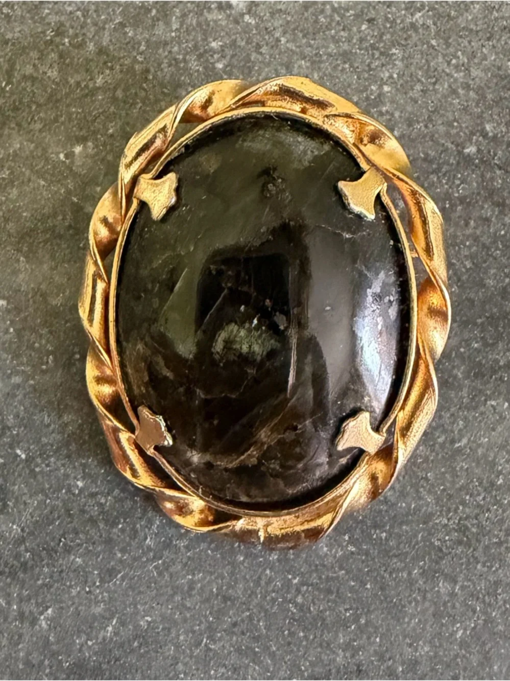 Vintage Estate Black Labradorite Gemstone Gold Brooch
